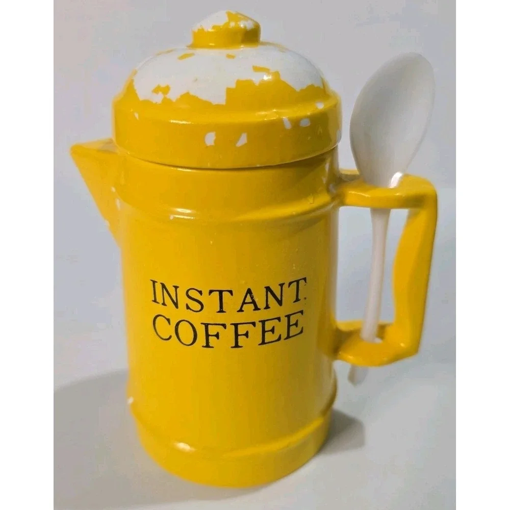Vintage Ceramic Coffee Pot Instant Coffee Canister Yellow Cold Paint  Japan
